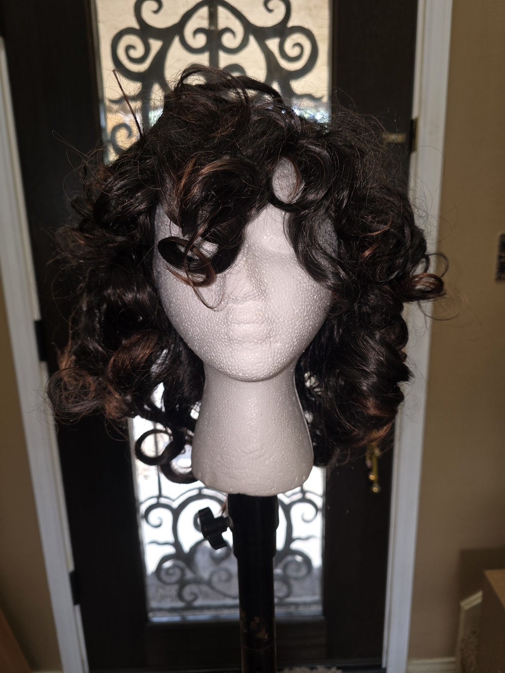 Dark Brown Curly Full Cap Wig with Subtle Highlights